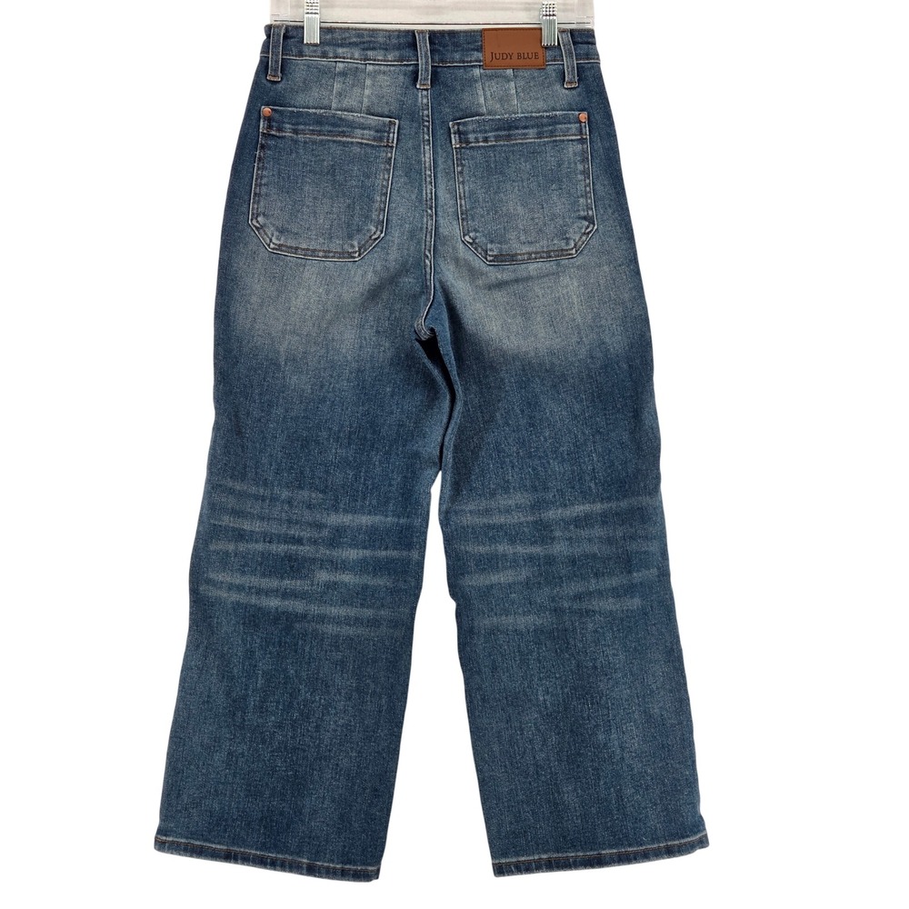 Judy Blue Women 27 / 5 Wide Crop Denim Jeans Blue Whiskering Patch‎ Pockets - Picture 3 of 5